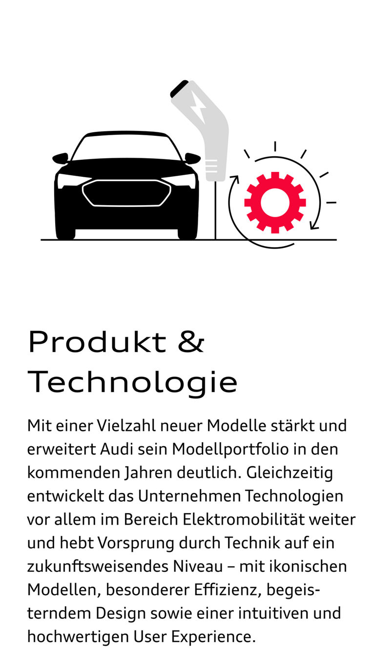 Illustration eines Elektroautos an einer Ladesäule neben diesem Text zu Produkt und Technologie: Mit einer Vielzahl neuer Modelle stärkt und erweitert Audi sein Modellportfolio in den kommenden Jahren deutlich. Gleichzeitig entwickelt das Unternehmen Technologien vor allem im Bereich Elektromobilität weiter und hebt Vorsprung durch Technik auf ein zukunftsweisendes Niveau – mit ikonischen Modellen, besonderer Effizienz, begeisterndem Design sowie einer intuitiven und hochwertigen User Experience. 