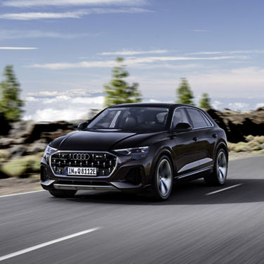 Ein Audi Q8 e-tron in Tamarindenbraun Metallic fährt auf einer Straße vor blauem Himmel und Bäumen im Hintergrund