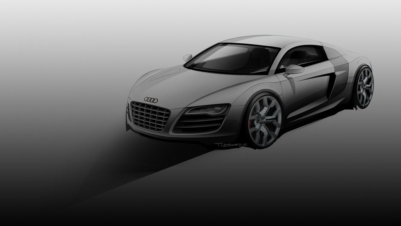 Illustration eines silbergrauen Audi-Sportwagens in Schrägansicht auf weißem Hintergrund.