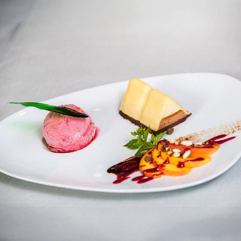 A dessert plate with a scoop of pink ice cream, a small piece of cake with light-coloured icing and artfully arranged fruit with sauce.