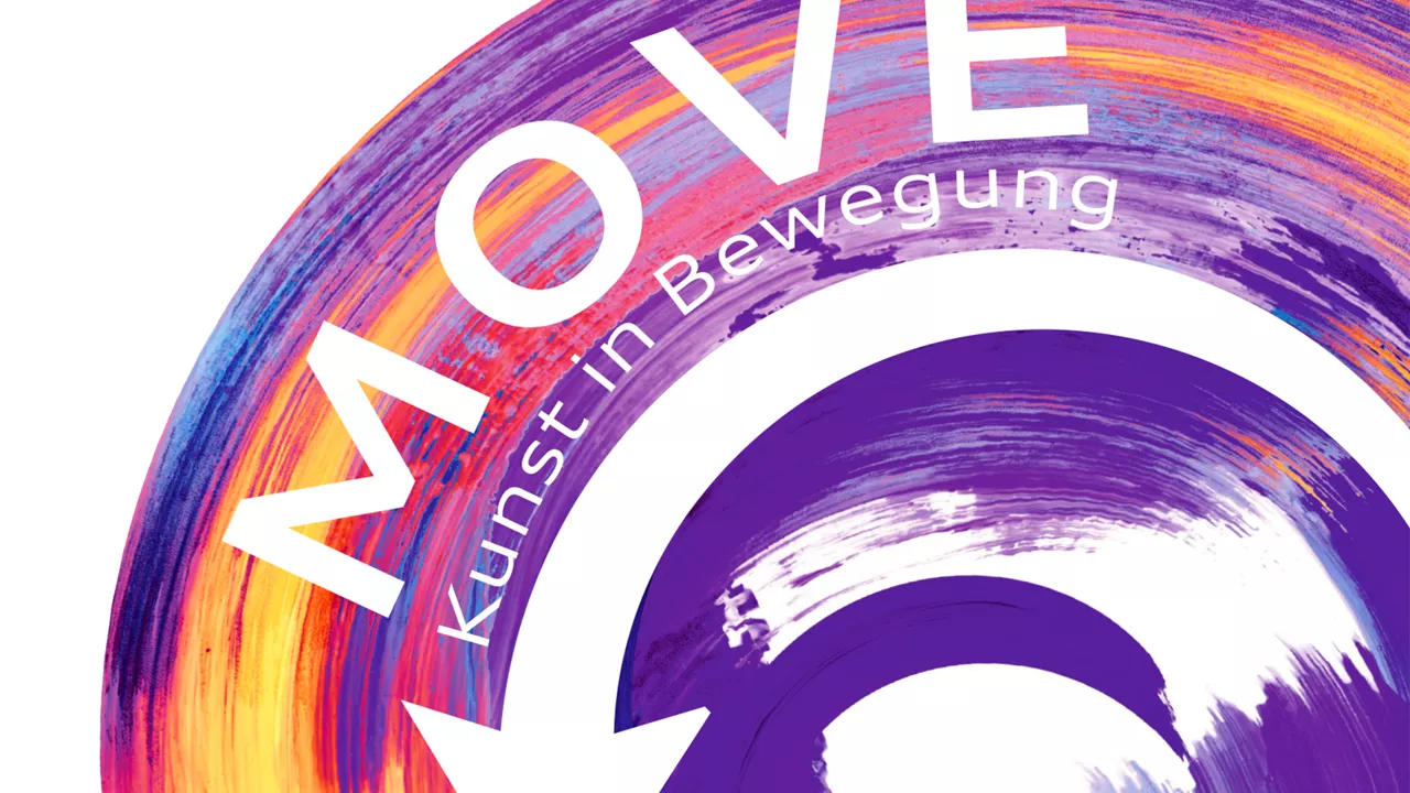 Buntes, kreisförmiges Pinselmotiv mit dem weißen Schriftzug „MOVE – Kunst in Bewegung“ auf abstraktem Farbverlauf.
