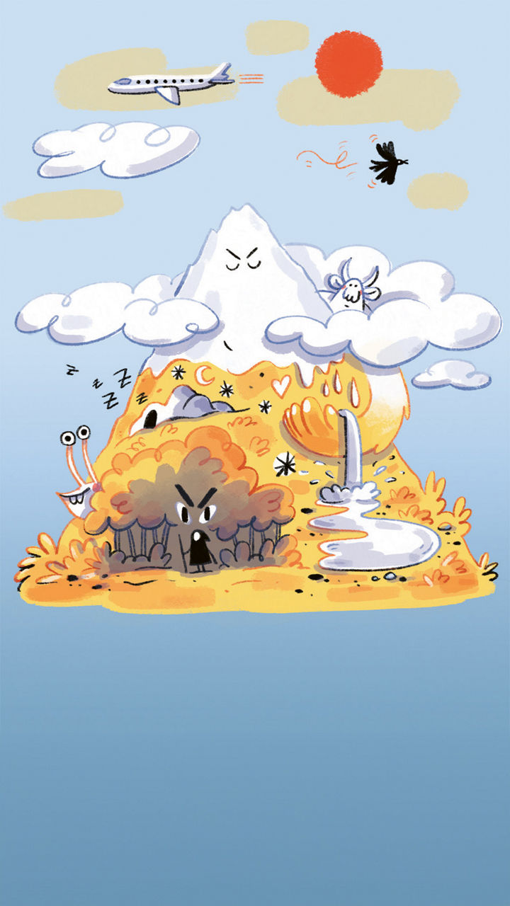 Illustration eines Berges mit Gesicht, Wolken, Sonne, Flugzeug, Vogel, Schnecke, Wasserfall, Höhle und bunten Symbolen auf dem Hang.