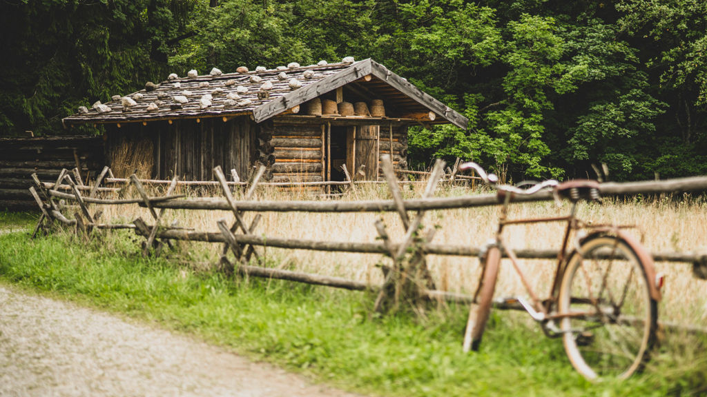 Ein rustikales Holzhaus mit Bienenkörben, umgeben von einem Holzzaun. Vorn ein altes, rostiges Fahrrad am Weg.