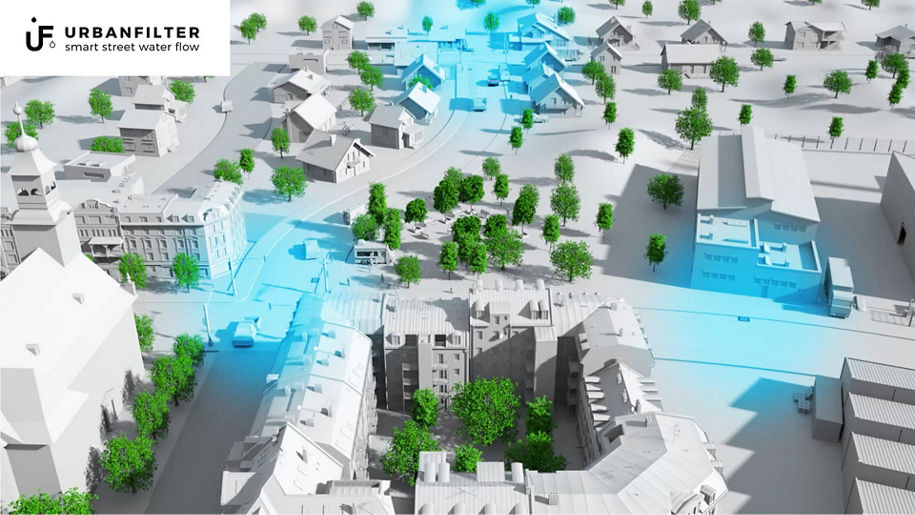 Graphic of a city with areas marked in blue