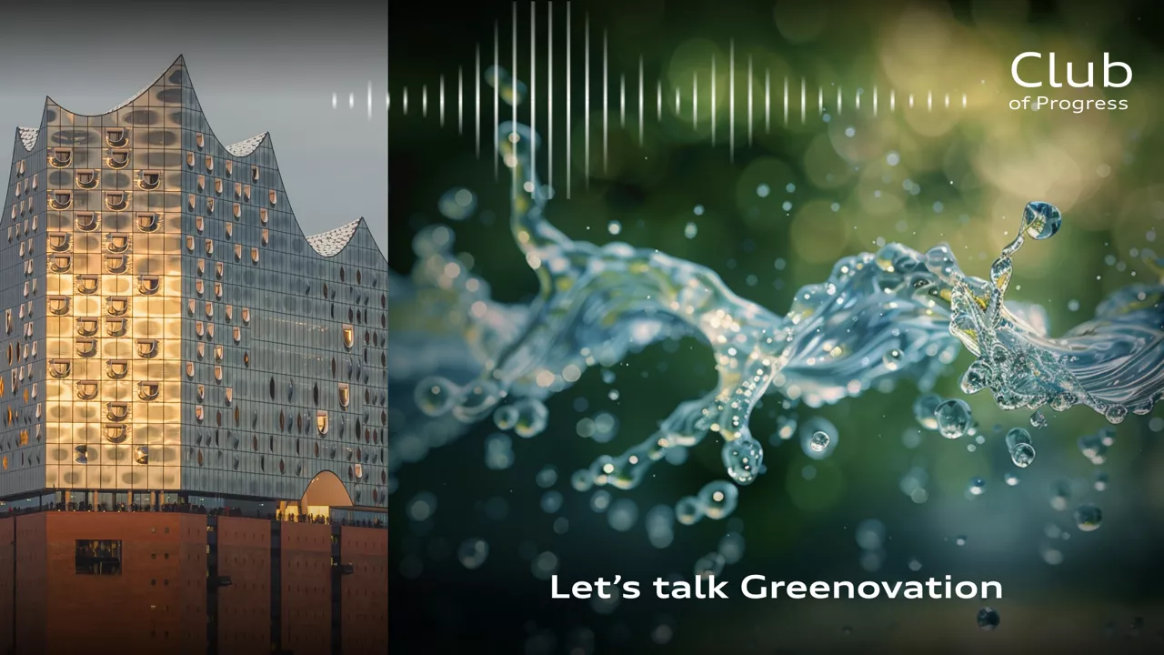 Links die beleuchtete Elbphilharmonie in Hamburg, rechts abstraktes Wassersplash auf grünem Hintergrund mit Schriftzug „Let’s talk Greenovation“.