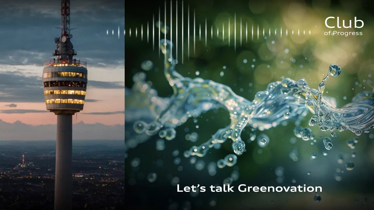 Split image with an illuminated TV tower at sunset on the left and splashing water with the text “Let's talk Greenovation” on the right.