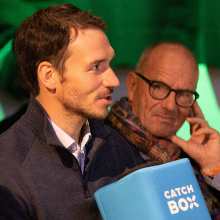 Two speakers with the Catch Box