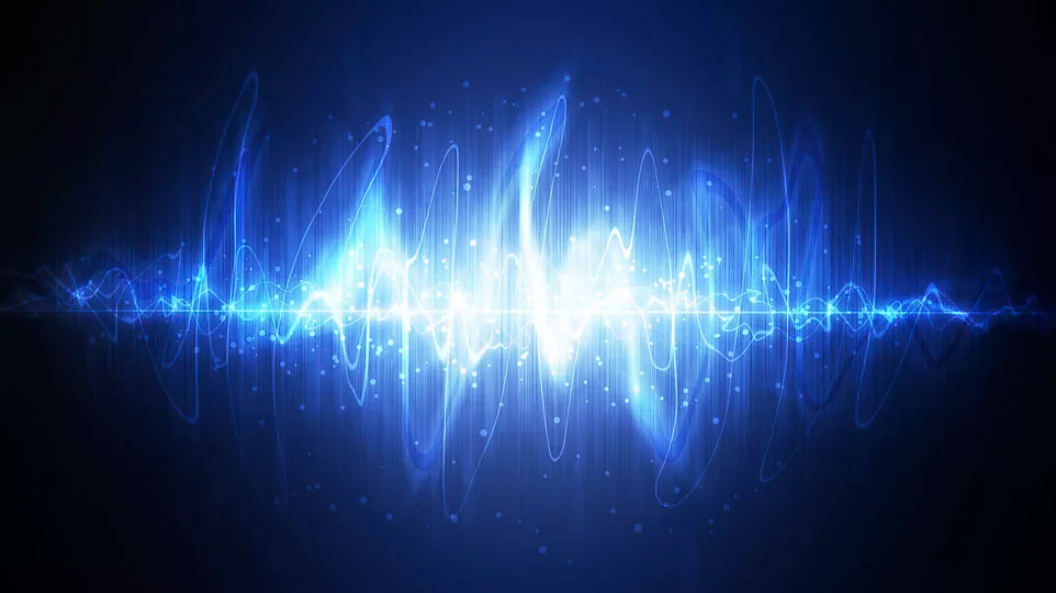  A dynamic sound wave background illuminated by blue light, creating a visually striking and modern aesthetic.