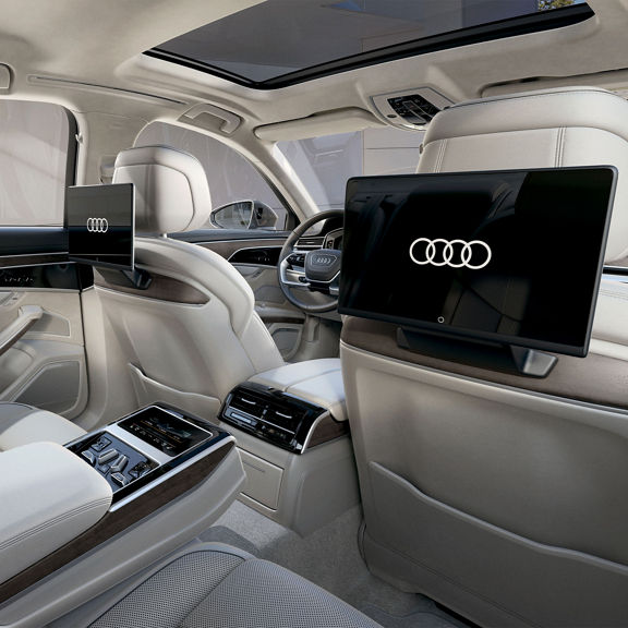 Interior of the back seat of the Audi A8 L.