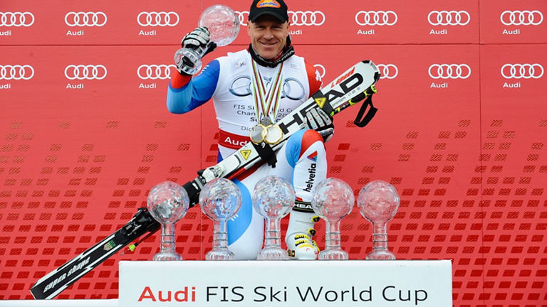 Didier Cuche mit 6 Kristallkugeln, die gewonnen wurden 
