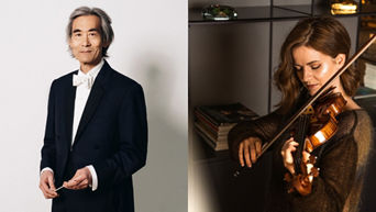 Links im Bild: Portraitaufnahme des künstlerischen Leiter Kent Nagano. Rechts: Nahaufnahme von Veronika Eberle beim Violine spielen.