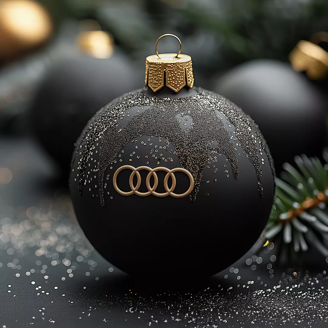 Schwarze Weihnachtskugel mit goldenem Audi Logo