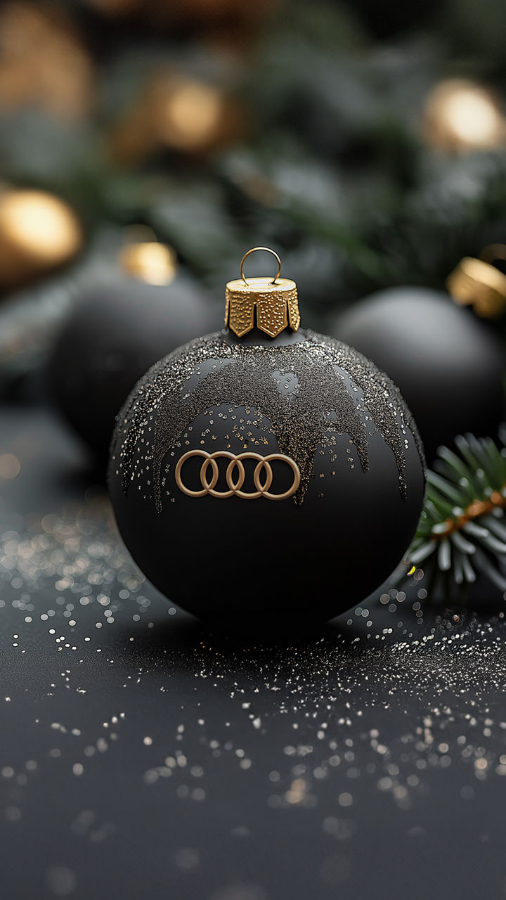 Schwarze Weihnachtskugel mit goldenem Audi Logo