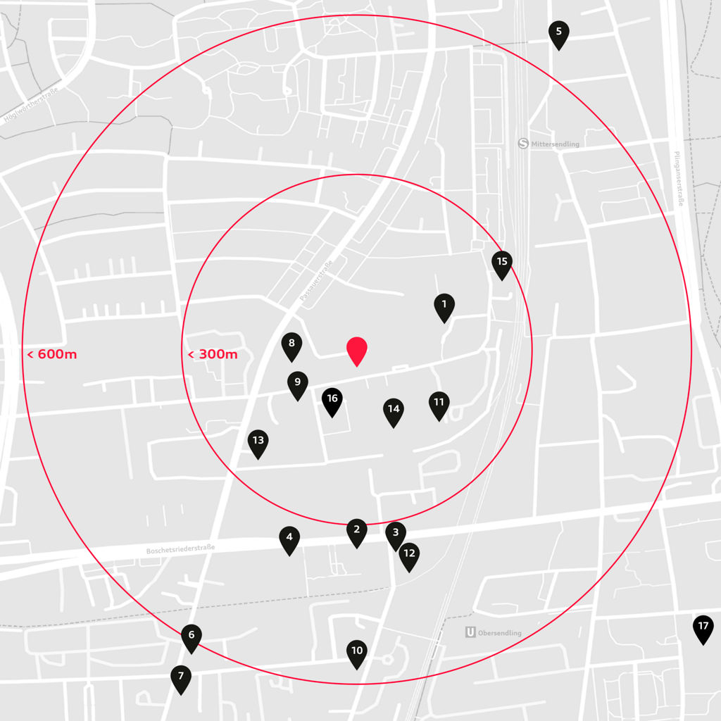 Stadtplan mit Standortmarkierung und 17 markierten Zielen im Umkreis von 300 und 600 Metern um einen zentralen Punkt.