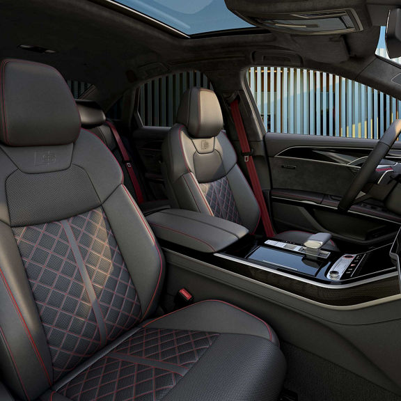 Interior view of the S8 with red decorative stitching on the seats and red details 