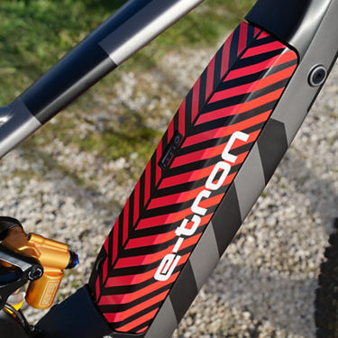 The motor of the Audi electric mountain bike sporting the e-tron logo