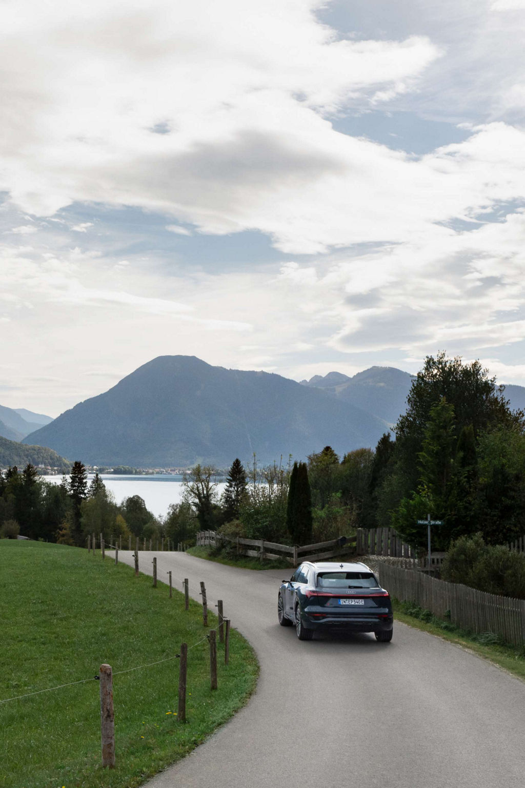 The Audi Q8 e-tron driving through the countryside.