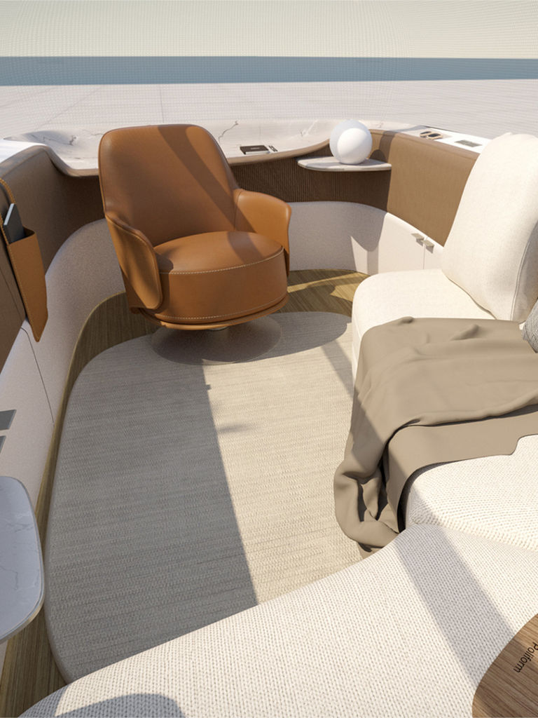 Le design intérieur par Poliform pour l'Audi urbansphere concept offre un habitacle confortable avec beaucoup de coussins et un fauteuil.