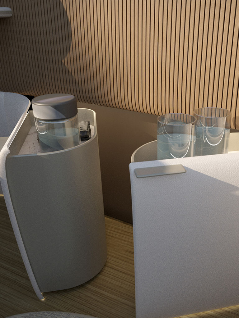 Les éléments de sièges dans le design intérieur proposé par Poliform pour l'Audi urbansphere concept comprennent des porte-gobelets.