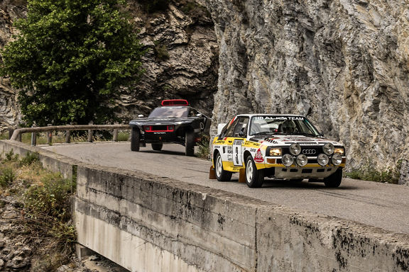 The Audi RS Q e-tron drives up the Col de Turini behind the Audi Sport quattro S1.