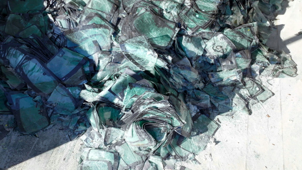 A large accumulation of damaged auto glass.