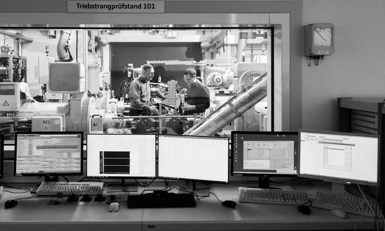 Dieter Weidemann and Bastian Heidler are discussing a powertrain in a test stand.