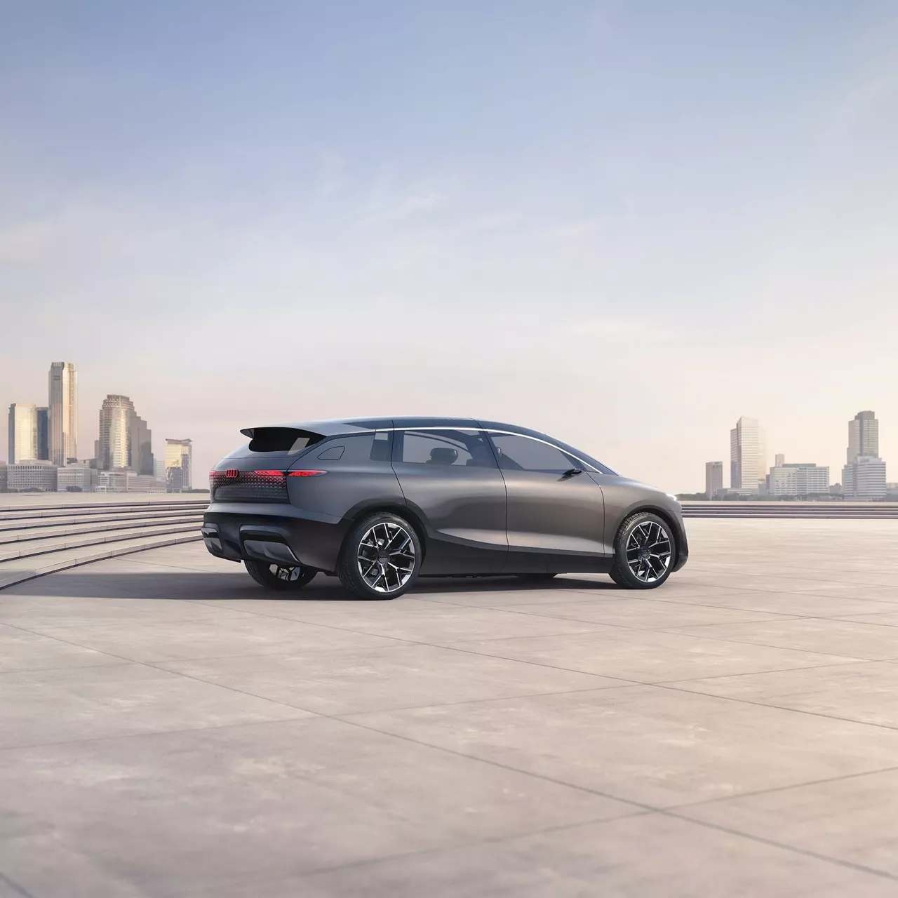 Rear view, photographed at a slight angle, of the Audi urbansphere concept.