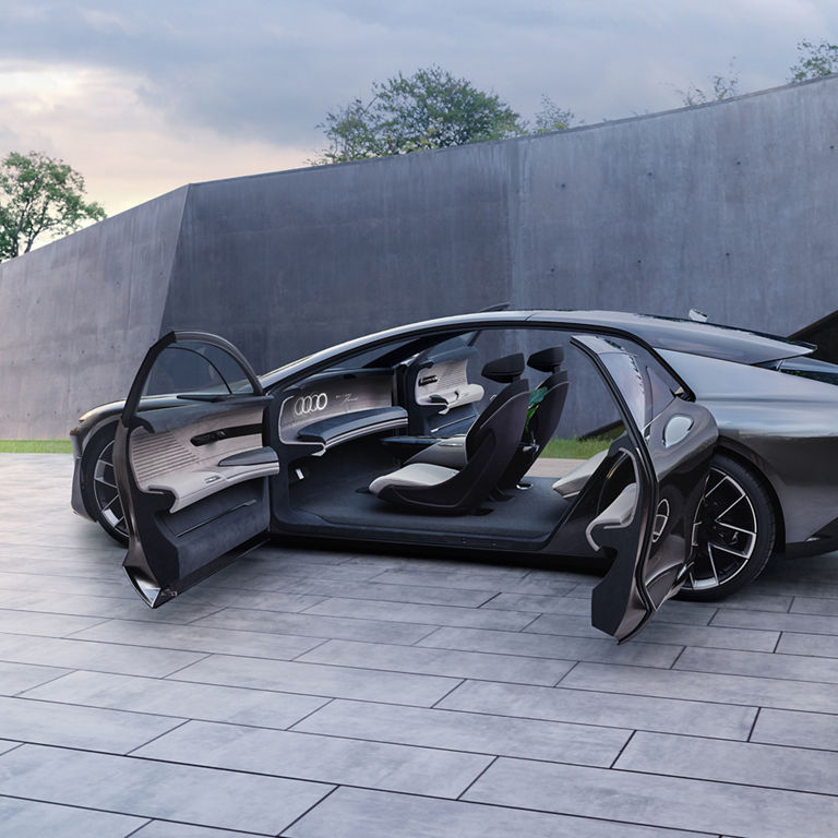 View through the open doors into the interior of the Audi grandsphere concept. 