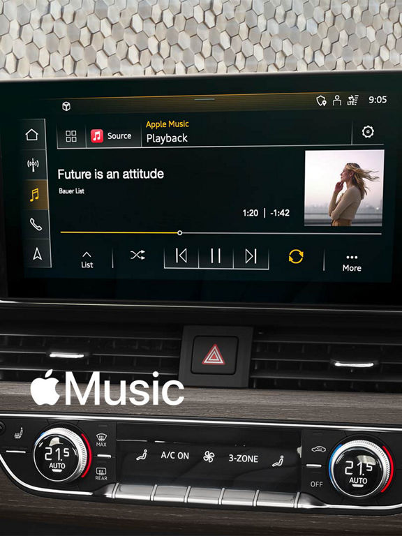 Foto de Apple Music integrado en el sistema MMI de un Audi. 