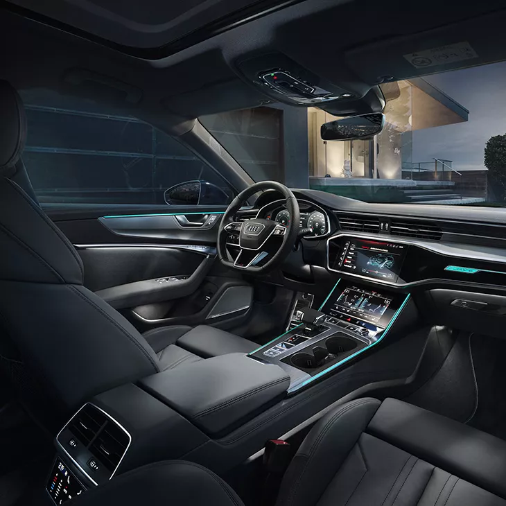 Das Ambientelicht des neuen A6 Avant bereichert das stimmige Interieur-Design.