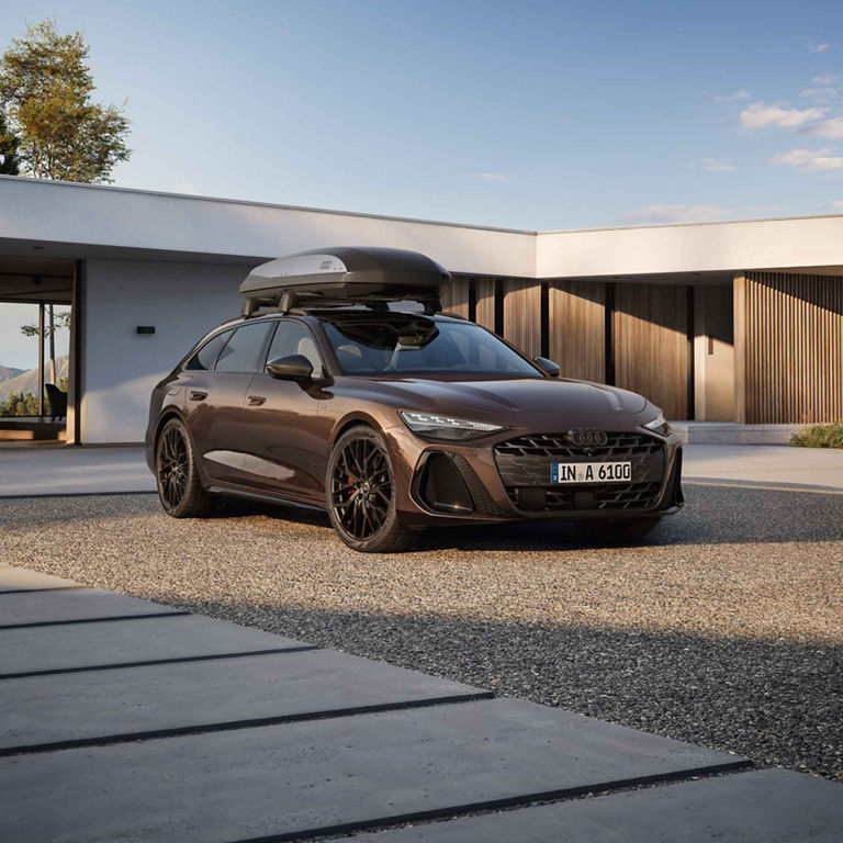 Audi A6 Avant Seitenansicht mit der Dachbox und Familie