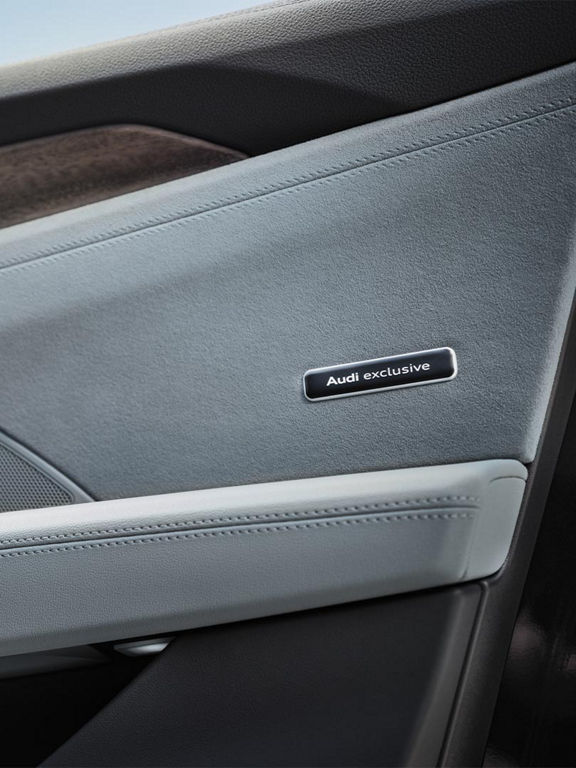 Door panel of an Audi RS e-tron GT with “Audi exclusive” badge and high-quality materials.