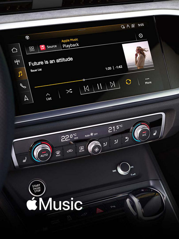 Foto de Apple Music integrado en el sistema MMI de un Audi. 
