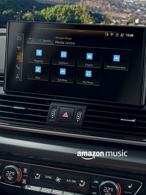 Foto de Amazon Music integrado en el sistema MMI de un Audi.