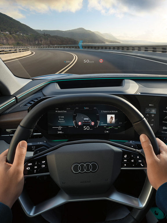 Foto del head-up display con realidad aumentada del SUV eléctrico Audi SQ6 Sportback e-tron.