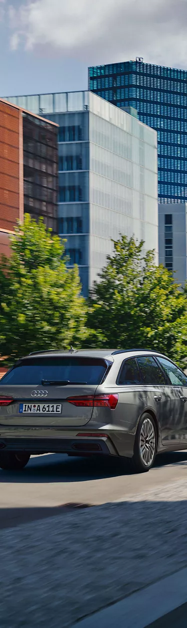 Audi A6 Avant TFSI e fährt durch eine Allee in der Stadt