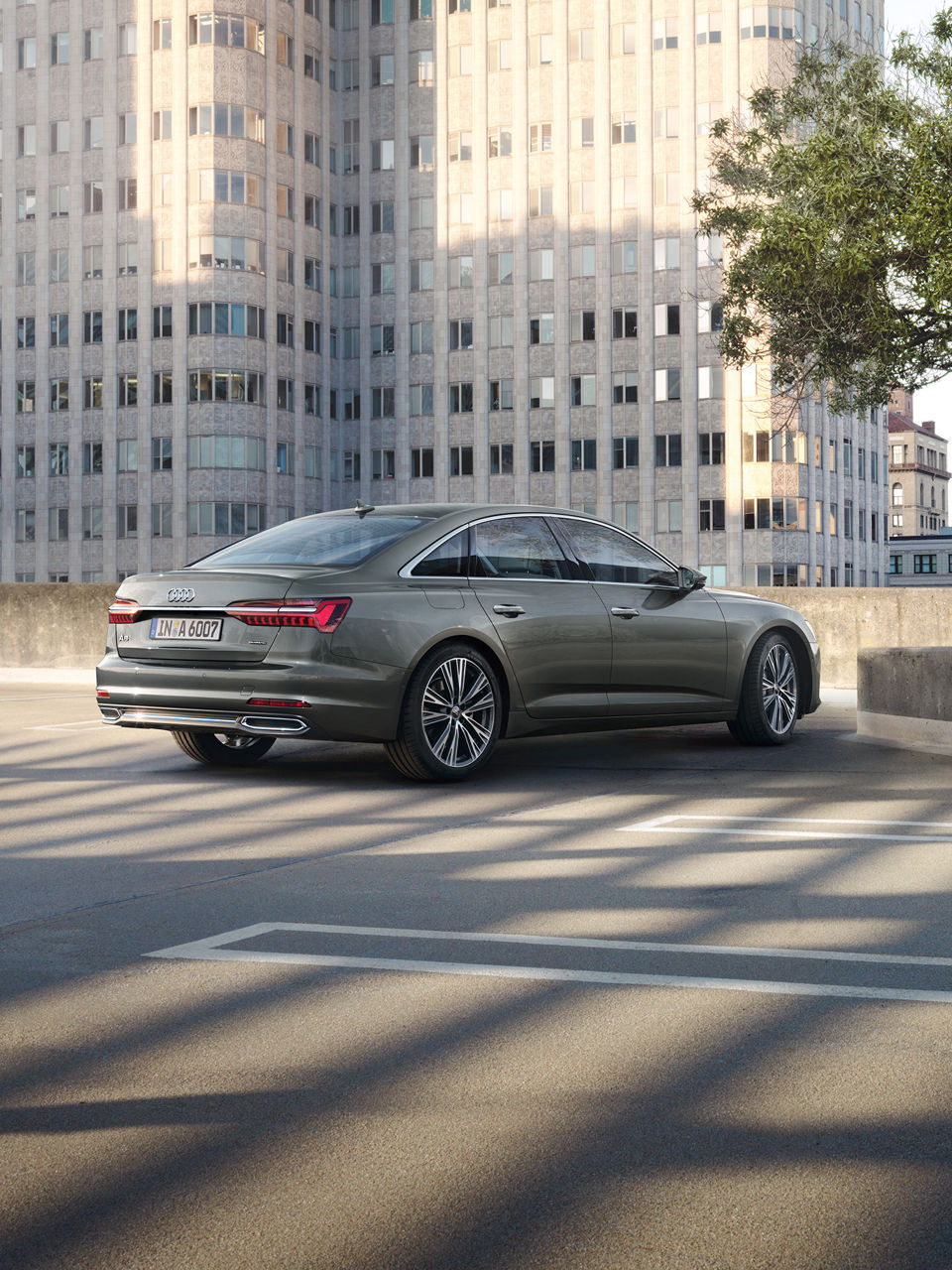 Audi A6 Limousine parkt neben Baum mit Gebäuden im Hintergrund