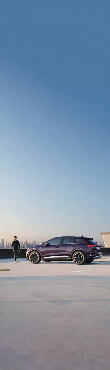 Audi Q4 e-tron steht vor einer Skyline und lädt an Ladesäule auf