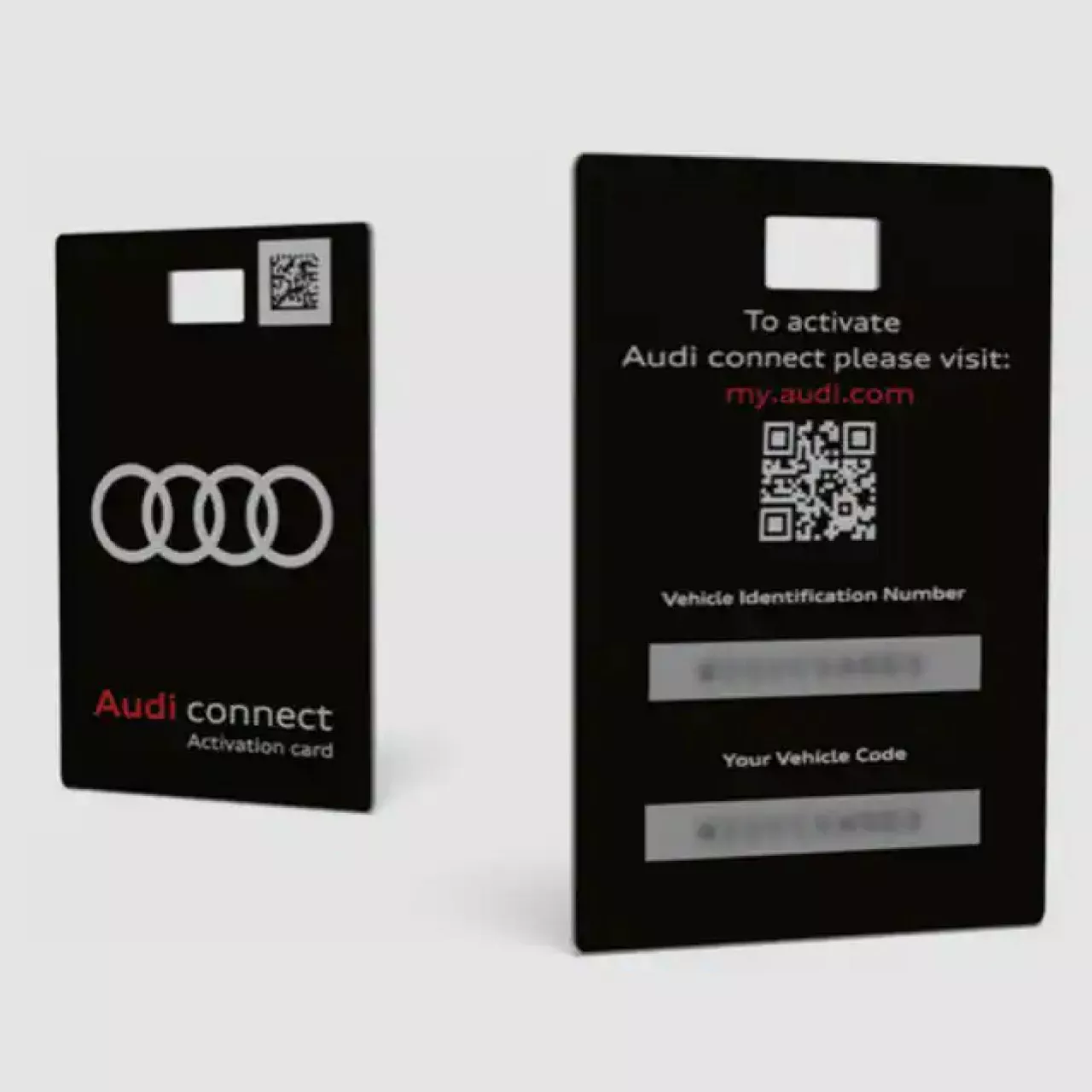 Audi connect activation card, showing the back and the front of the card