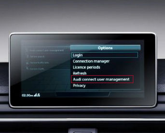 An Audi dashboard screen displaying options with 'Audi Connect user management' highlighted