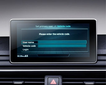 An Audi dashboard screen displaying the username & vehicle code fields on the Set primary user screen