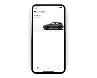 The myAudi app displaying the 'My vehicles' screen with an Audi Q2 model selected