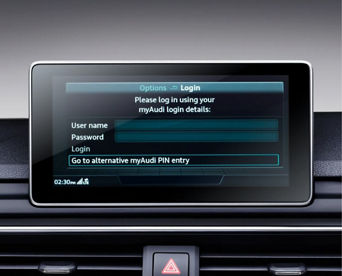 An Audi dashboard screen displaying the username and password fields on the Login screen