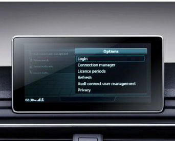 An Audi dashboard screen displaying options with 'Login' selected