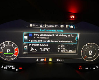 An Audi dashboard screen displaying the 'Audi Connect: Home' screen