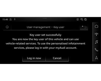 An Audi dashboard screen on the User management screen with a 'Key user set successfully' message