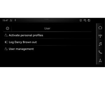 An Audi dashboard screen displaying the User screen with the 'User management' option visible