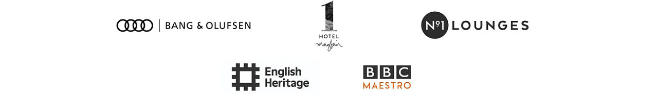  Logos of various companies including an audio equipment brand, a hotel, a lounge brand, a heritage organisation, and a media company.