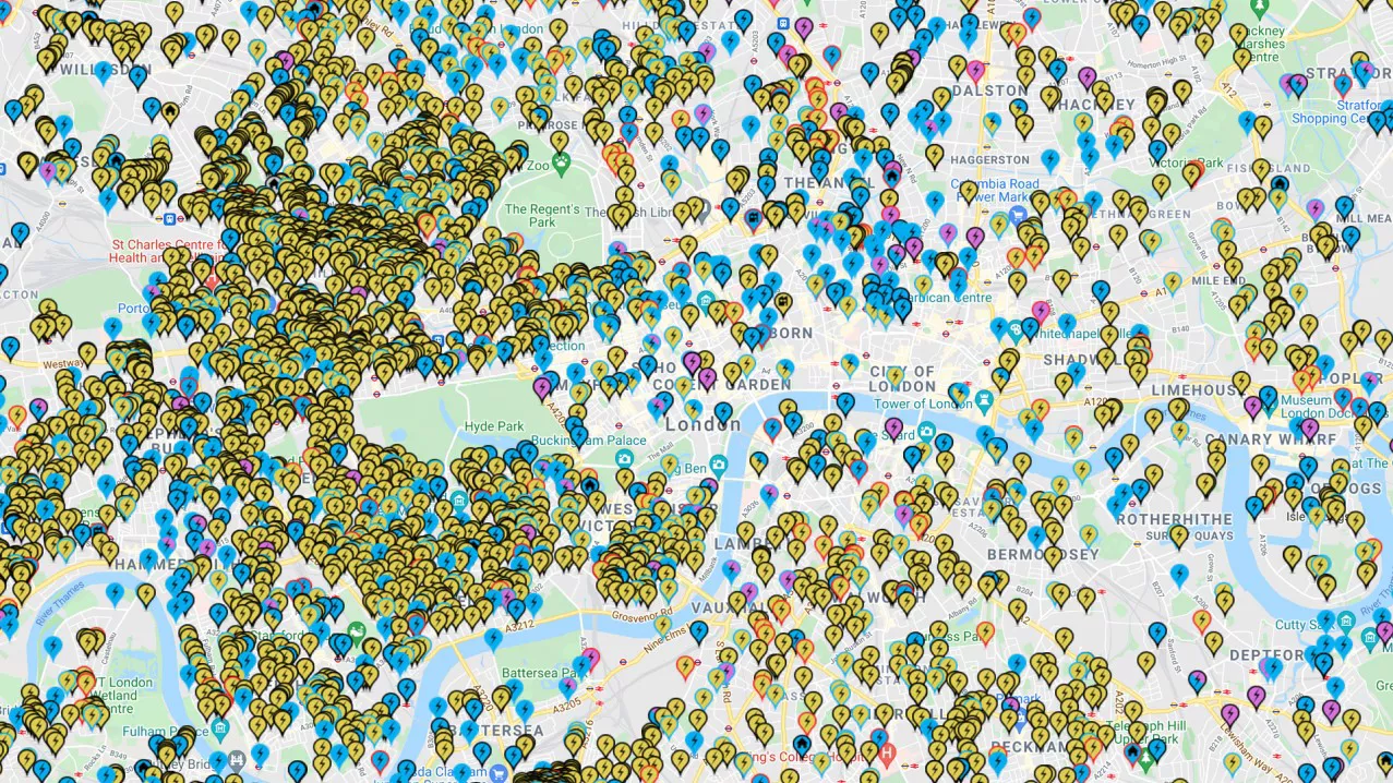 A Zap-map showing locations of various charge stations in and around London