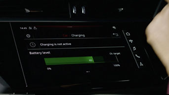 The digital display inside an Audi electric vehicle displaying the battery level of the vehicle